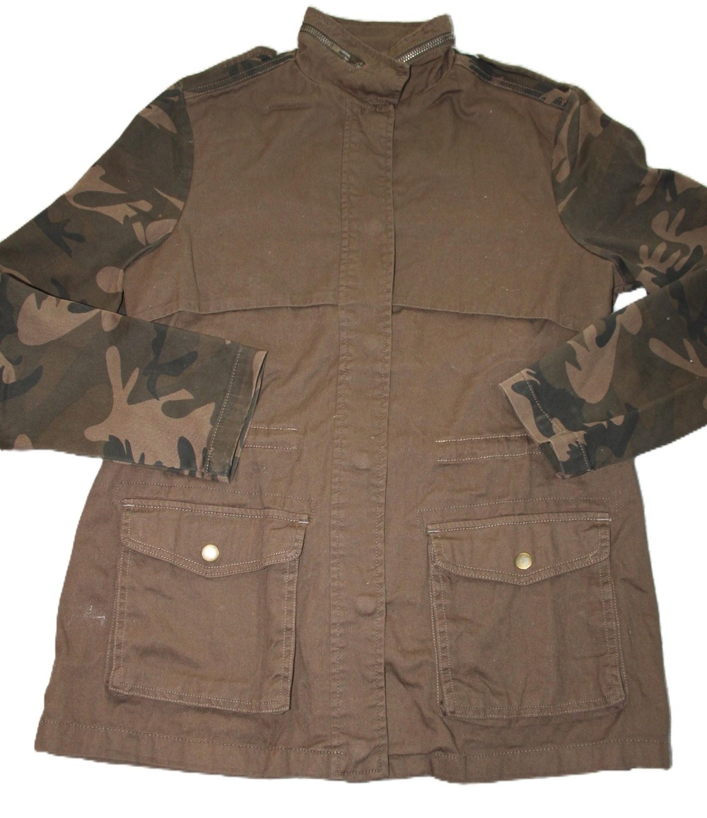 DnaCouture Jacket Womens M Brown Military Jacket Camouflage Pockets Zip